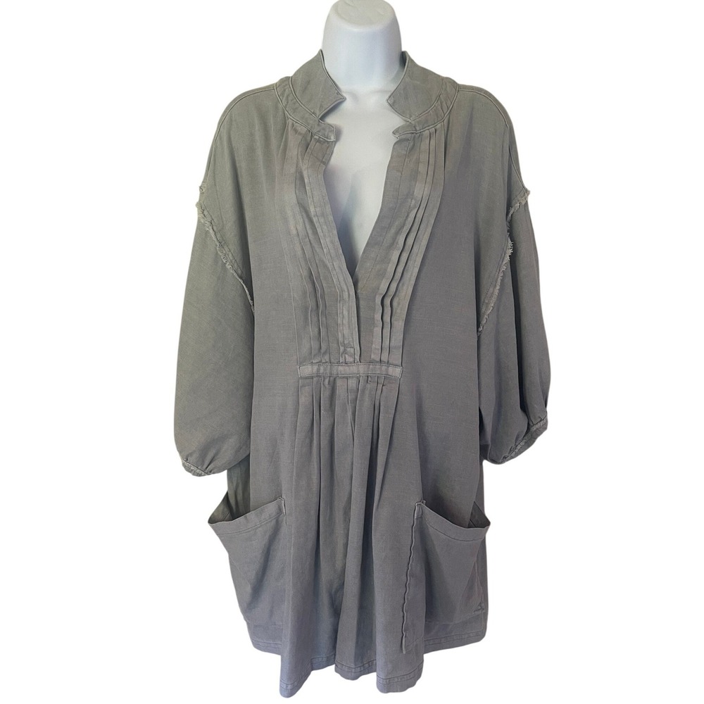 Free People Linen Blend Pintuck Romper Blue Grey Oversized Mini Medium